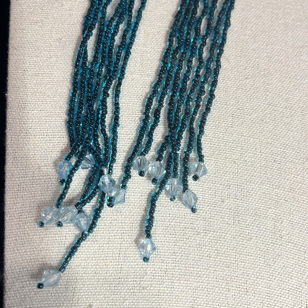 Artisan Boho Extra Long Tassel Fringe Peacock Blue Seed Beaded Dangle Earrings - Picture 7 of 9